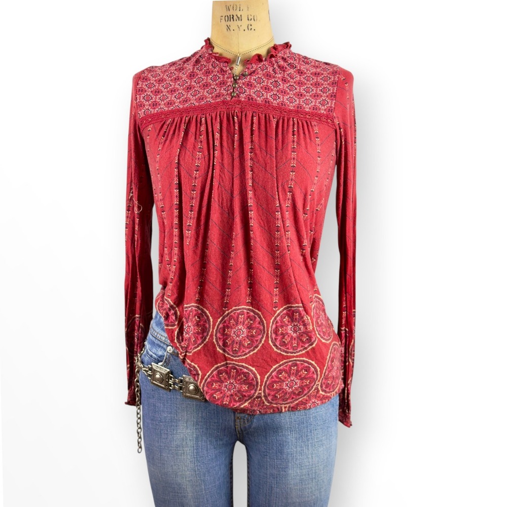 90s Medallion Top Flowy Long Sleeve Ruffle Neck Peasant Blouse Boho Cottege Sz S